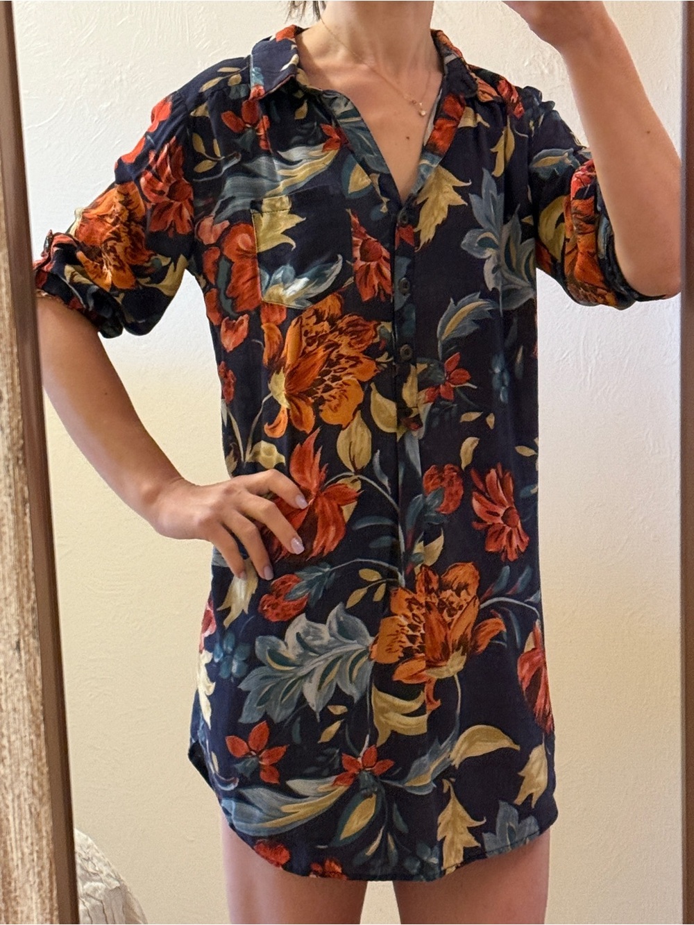 Cals Navy Floral Button-Up Shirt Dress with Multicolor Blooms Size M